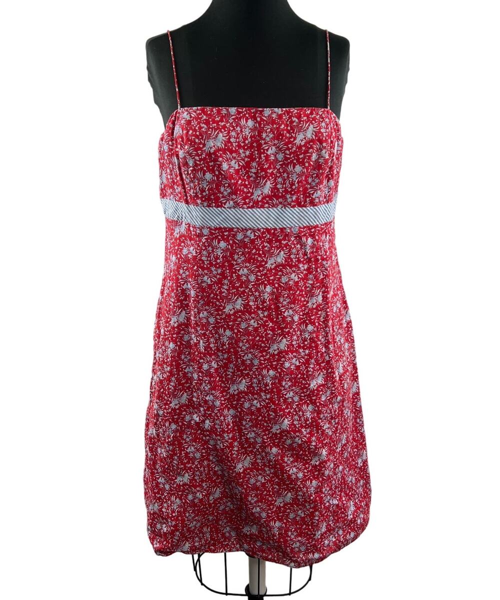 VTG Ann Taylor Red Blue Cami Dress Cotton Floral Print Square Back Tie Size 12